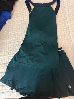FILA Teal Green Tennis Top L with Navy Straps and Yellow Accents Pleated Skirt M